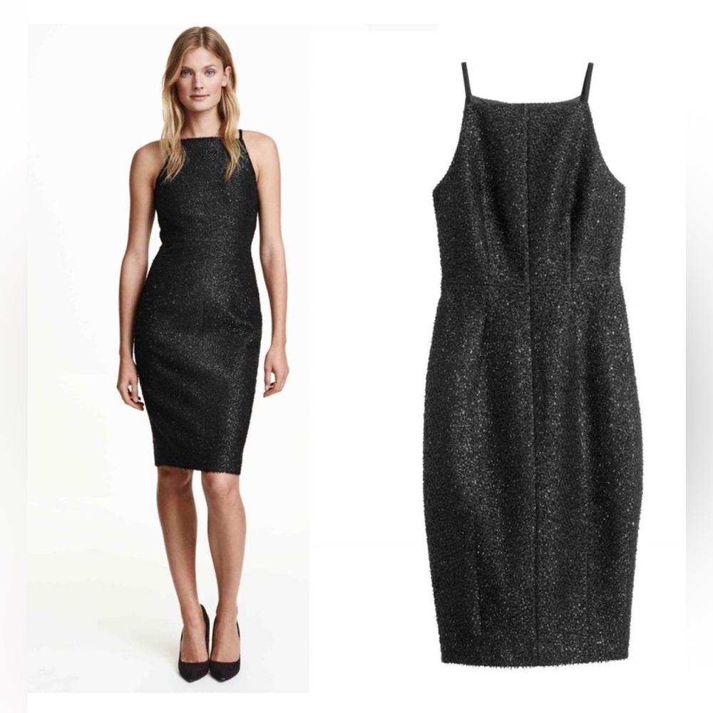 H&M Black Shimmer  Tinsel Midi Form Fitting Size 6 Cocktail Dress